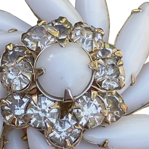 VTG Signed Judy Lee Milk Glass Rhinestone 1950s Clip On Earrings Evening Jewelry - Picture 5 of 13